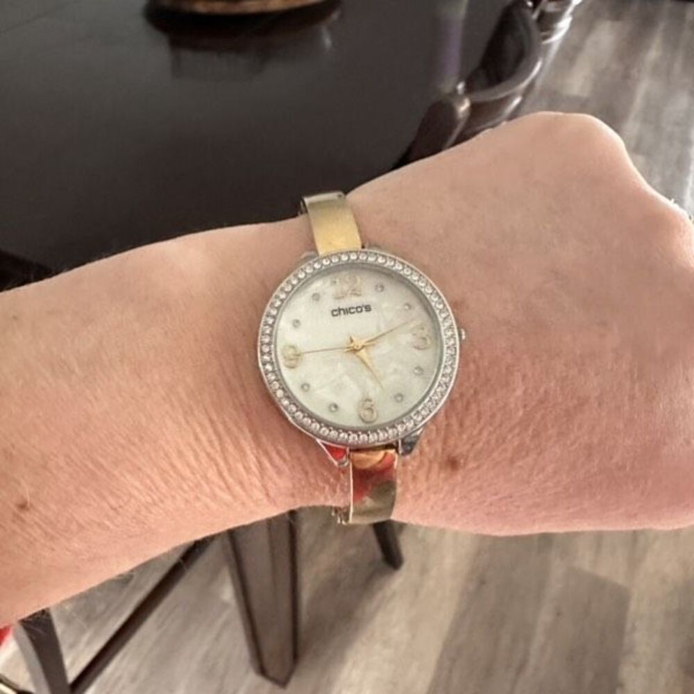 Chico’s Large Face Mother of Pearl Pave Rhinestone Goldtone Delicate‎ Band Watch